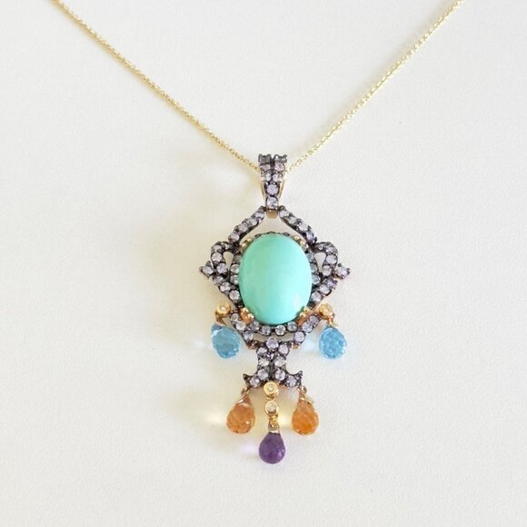 14k Yellow Gold Turquoise Multi Gemstone Chandelier Pendant Chain Necklace 18" - Picture 7 of 16